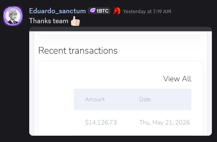 Community member Eduardo_sanctum sharing recent transaction of $14,126.73