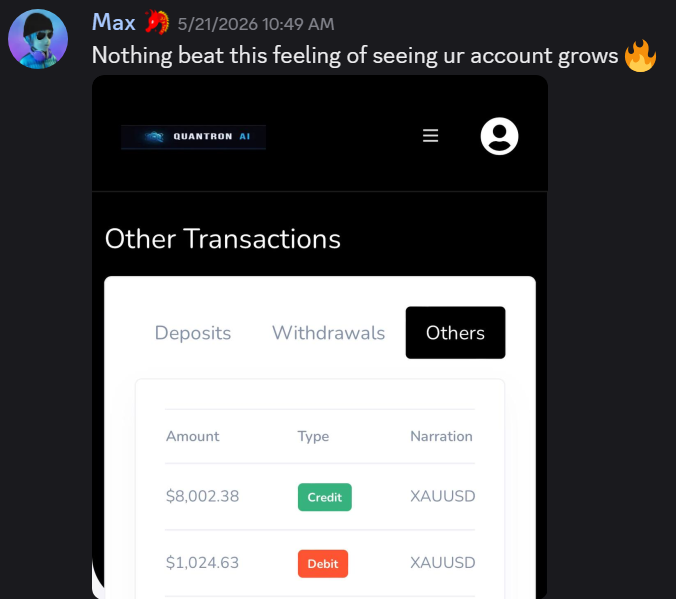 Community member Max sharing account growth with XAUUSD transactions on Quantron AI