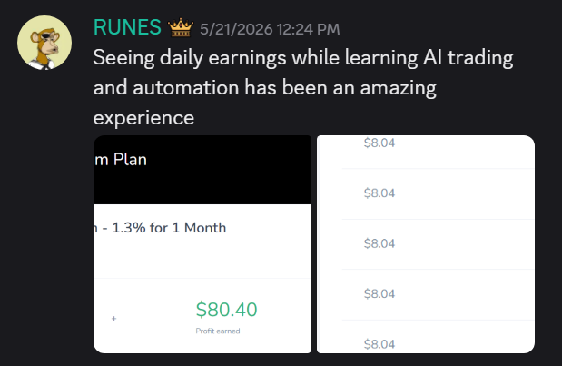 Community member RUNES sharing daily earnings while learning AI trading automation