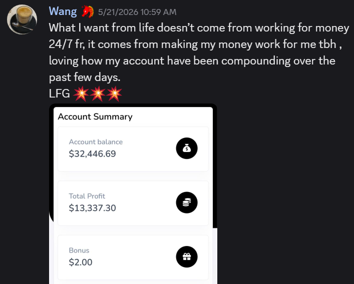 Community member Wang showing account balance of $32,446.69 with $13,337.30 total profit